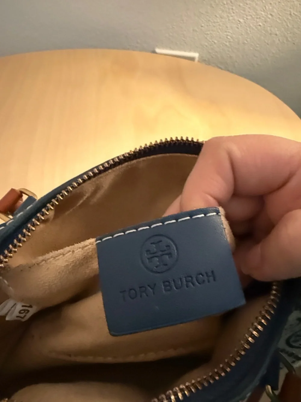 Tory Burch Navy Logo Jacquard Mini Satchel with Tan Handles - Picture 3 of 4